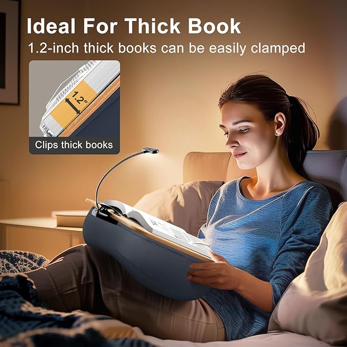 Reading Book Pillow Stand with 3-Color Adjustable Light, Hands-Free Book Holder for Bed or Lap, Wooden Surface, AAA Batteries Required