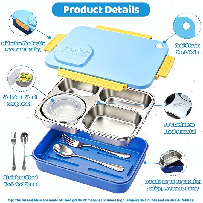 Kids Stainless Steel Lunch Box,304 Stainless Toddler Leak-Resistant Insulated Metal Bento Box,Suitable Schools,Office,Use Comes With An Independent Soup Cup,Tableware,4 Compartments (Blue)