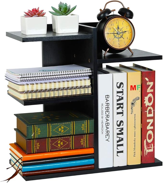 PAG Wood Desktop Shelf Small Bookshelf Desk Supplies Organizers and Accessories Storage Display Rack Office Decor for Women, Black