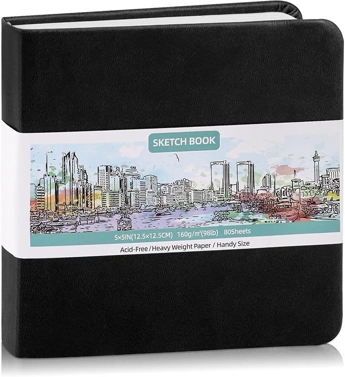 Prudiut Hardcover Pocket Sketchbook, 5" x 5" Square Mini Sketchbook, 98lb/160gsm Heavyweight Tiny Sketch Book, 80 Sheets Small Travel Drawing Journal for Adults, Artist, Ideal for Gift (Black)