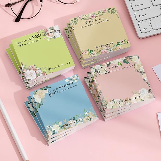 Floral Bible Verse 4-Pad/200 Sheets 3x3 Sticky Notes Set, Adorable Memo Pads with High-Adhesive, Reusable Tearable Post it Notes for Journal Planners Office School Home, Bulk Stationery Gift