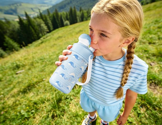 POWCAN 12 oz Kids Water Bottle for School: 2-in-1 Straw Spout Lid with Soft Animal Head, Leakproof, Backpack Friendly, Keep Cold 24H, Insulated cup for Sports, Playground, Holiday Gift (Whale Splash)