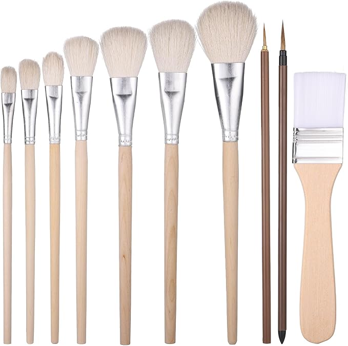Pottery Glazing Brushes, 10 Pcs Mop Brush for Acrylic Painting Goat Hair Blending Mop Brushes Ceramics Pottery Brush Tools Kit for Watercolor Oil Clay Face Body Art Painting