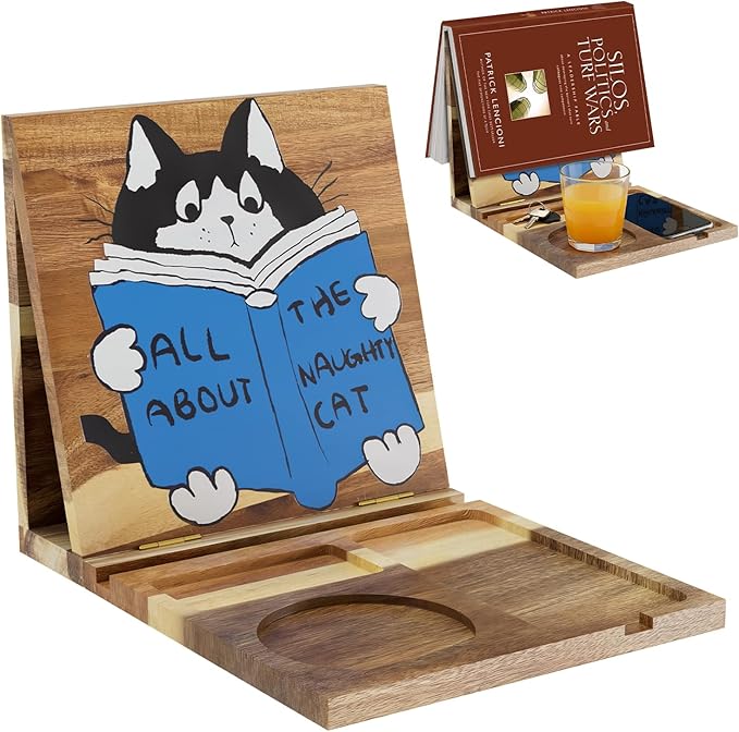 Wooden Foldable Book Holder Stand for Reading Rest,Acacia Triangle Book Holer with Cup,Glasses,Pen,Watch & Phone Stand,Book Rest,Book Nook Reading Valet for Readers and Bookworms Gifts