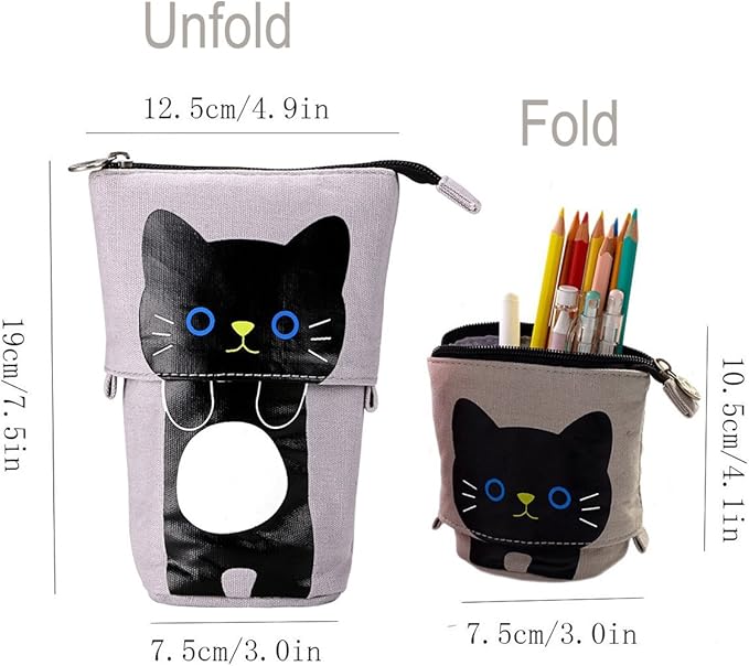 Telescopic Pencil Pouch Standing Pen Holder Cute Pencil Bags Stand Up Pen Case Cartoon Pencil/Pens Storage Box Canvas+PU Stationery Organizer Makeup Bag with Zipper Closure (Gray)