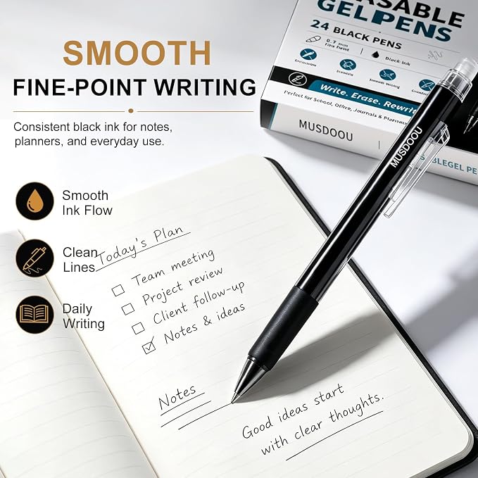 24 Pack Erasable Gel Pens, Black Ink Retractable Erasable Pens 0.7mm, Smooth Writing Gel Ink Pens with Eraser, Mistake-Free Writing Pens for Office, School, Notes, Back-to-School Supplies