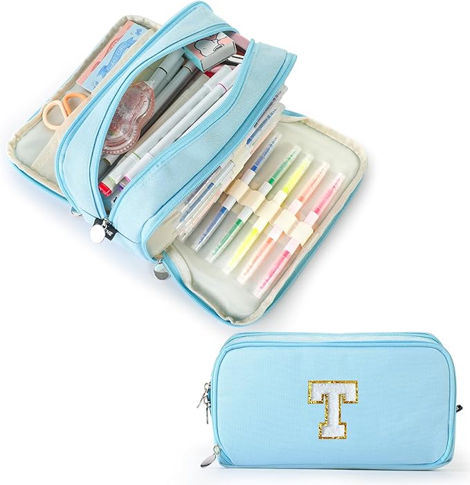 Extra Large Capacity Pencil Case 3 Compartment Initial Pencil Pouch Personalized Cute Aesthetic Stationery Pen Case Bag for School Teen Girl Boy Men Women Gift (T, Blue)