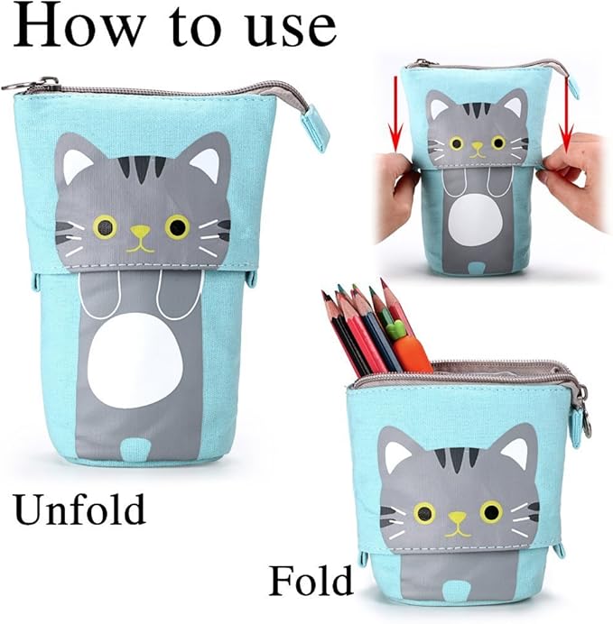 Telescopic Pencil Pouch Standing Pen Holder Cute Bags Stand Up Case Cartoon Storage Box Canvas+PU Stationery Organizer Makeup Bag With Zipper Closure (Blue)