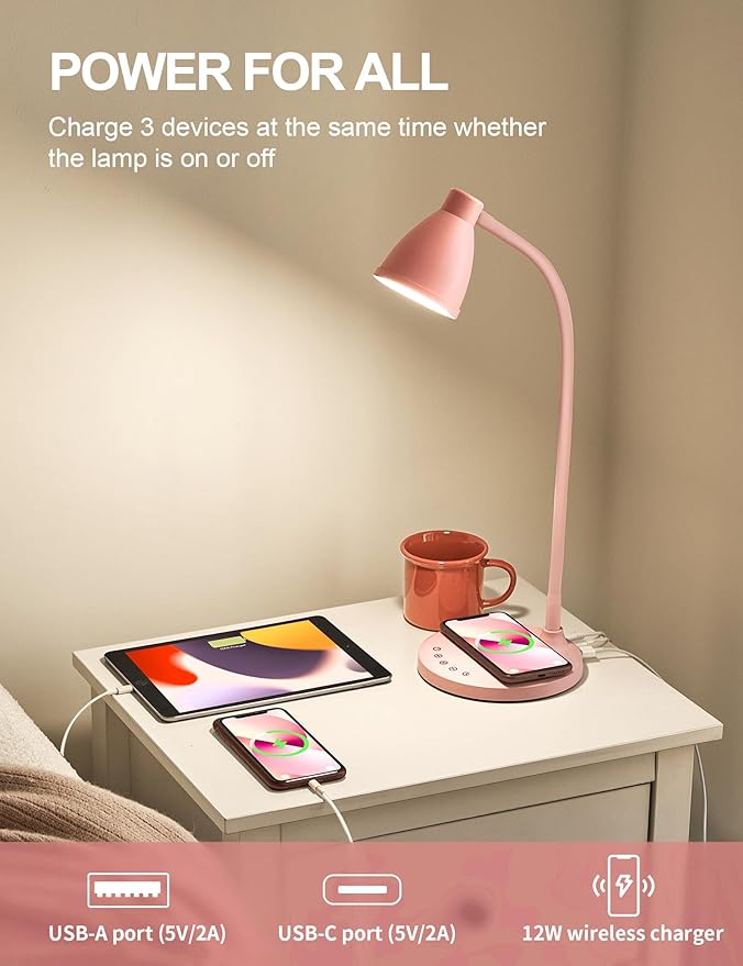 BOHON Cute Pink Aluminum Desk Lamp with USB C+A Charging Ports, Wireless Charger, 5 Colors Stepless Dimming, Touch Control, Memory Function, LED Light for Home Office College Dorm Room