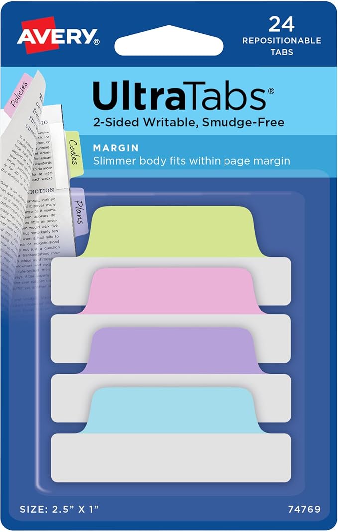 Avery Margin Ultra Tabs, 24 Repositionable Sticky Tabs, 2.5" x 1", 2-Side Writable Page Markers in Assorted Pastel Colors, 1 Pack (74769)