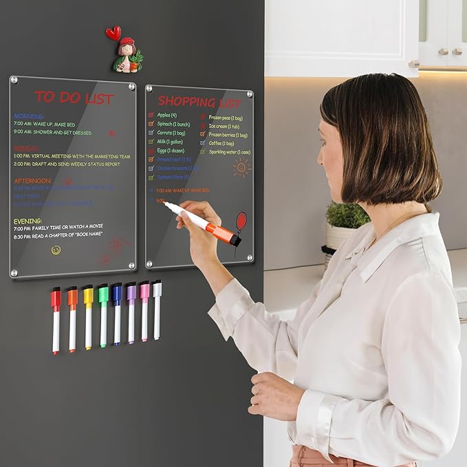 2 Pack 12''*8'' Acrylic Magnetic Whiteboard for Fridge, Clear Dry Erase Menu Board for Refrigerator with 8 Markers, Magnetic Planning Board for to Do List/Shopping List, Meal Planner for Kitchen
