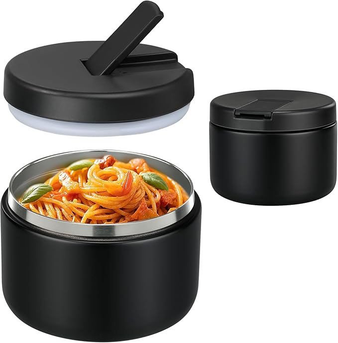 Pawtong 12oz Insulated Vacuum Food Jar with Buckle Lid Wide Mouth Soup Thermo for Hot Food Kids Leakproof Stainless Steel Lunch Container- Black- 1Pack