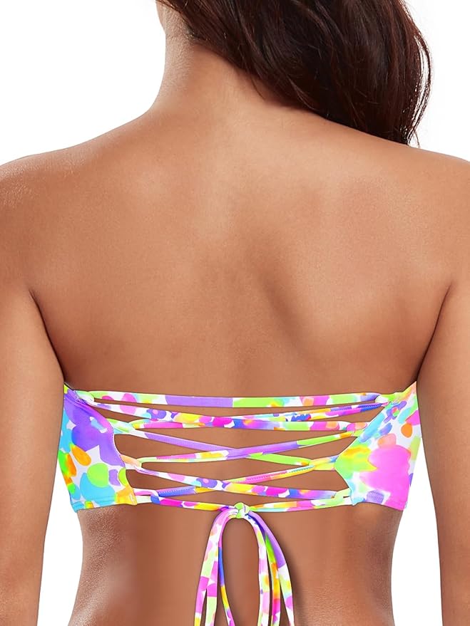 RELLECIGA Women Bandeau Swim Top Only Strapless Bikini Top Tie Back Swimsuit Tube Top