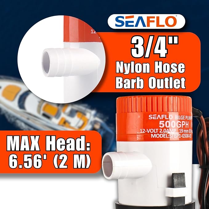SEAFLO 01 Series 500 GPH Bilge Pump – 12V, 3/4" Outlet, Marine Submersible Pump with Anti-Airlock Protection, CE & Rohs Certified, 4-Year Warranty | Reliable for Boats and Marine Applications