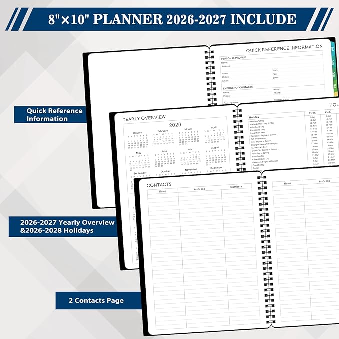 BooQool Planner 2026-2027 for Office, School, Home - Spiral Bound Academic Monthly Weekly Calendar July 2026 - June 2027 Organizer with To Do List, Tabs & PP Cover 8" x 10"