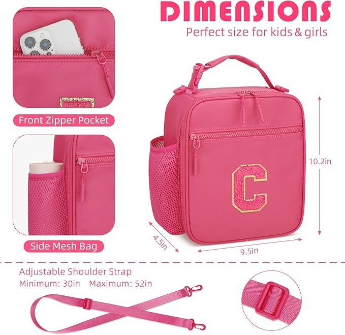 Initial Insulated Lunch Bag for Girls Kids, Back to School Gift, Reusable Leak-proof Lunch Box with Adjustable Strap for School Daycare Travel Picnic (Rosy Red,C)