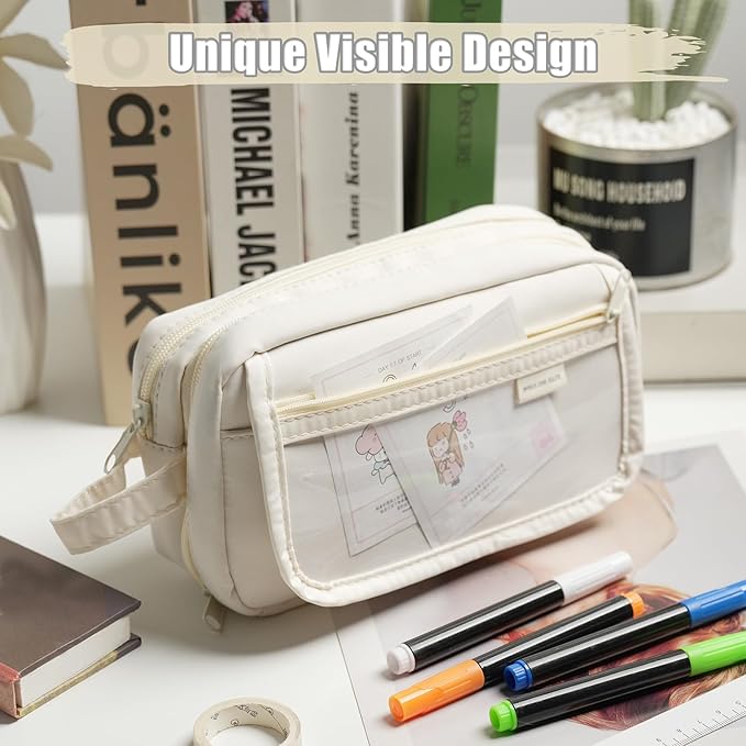 Zmains Big Capacity Pencil Case Large Pencil Pouch Pen Bag Pencil Box Holder Organizer Simple Storage Aesthetic Cosmetic for Men Women Office Essentials (Beige)