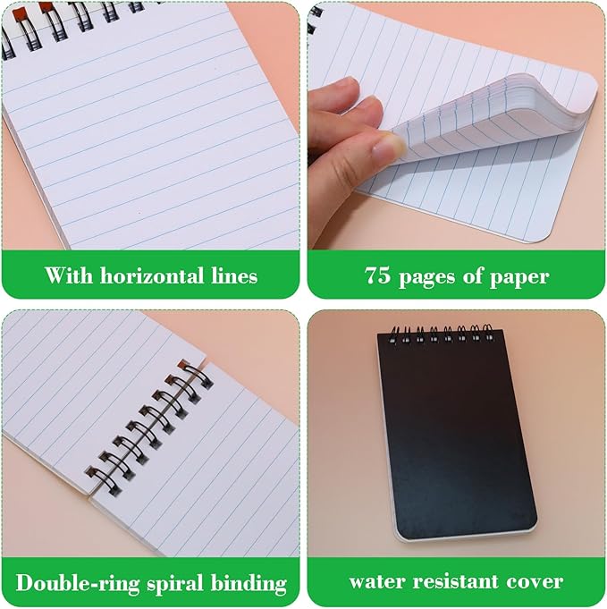 12 Pack mini Spiral Steno Pads,3x5 Inch Small Notepads,Small Pocket Notebooks, College Ruled Lined Note Pads For Kids Adults Outdoor,Home,School,Office,75 Sheets/150 Pages (Black)