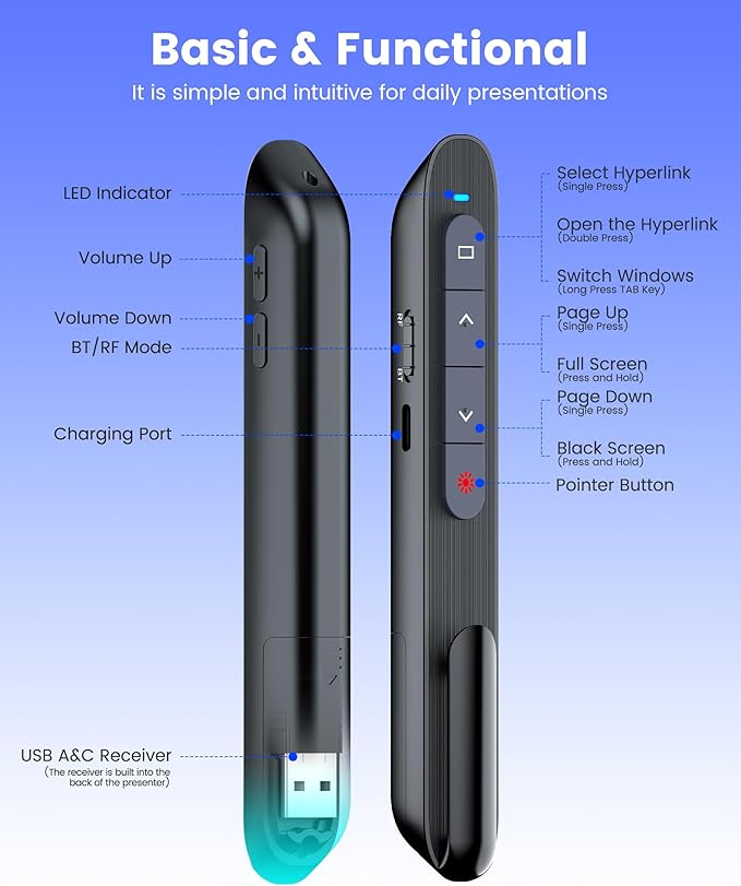 Presentation Clicker Rechargeable Compatible with Bluetooth and RF 2.4GHz Red Light, Wireless Presenter Remote Control for Powerpoint Presentations Slide Clicker for Mac Computer