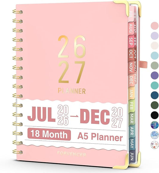 Jul 2026 - Dec 2027 Planner, Forvencer 18 Month Academic Planner 2026-2027, 6.3" x 8.4", Calendar Planner Weekly and Monthly, Daily Agenda Book, College School Supplies for Student Teacher, A5, Pink