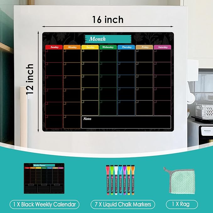 MaxGear Black Weekly Dry Erase Board,16"x12" Magnetic Whiteboard Meal Planner Blackboard for Fridge, Chalkboard Calendar Menu Planning Board Notepad for Kitchen with 7 Markers and 1 Eraser