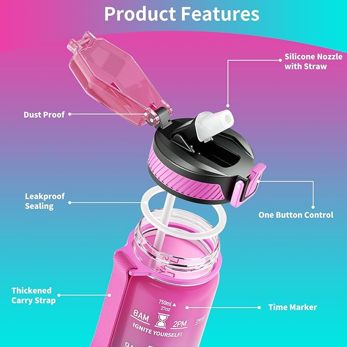 QLUR Water Bottle with Straw, 27oz Motivational Water Bottles with Time Marker to Drink, Tritan BPA Free, 750ml Sports Water Bottle with Carry Strap LeakProof for School Fitness Outdoor (1Pack)