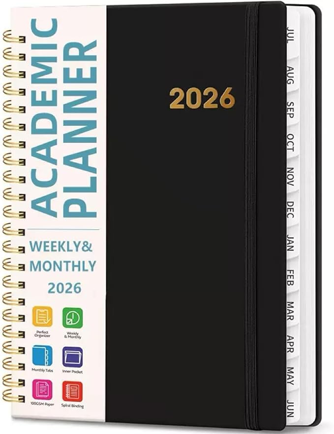 Academic Planner 2026 - Hardcover Weekly & Monthly Calendar Agenda, Daily Planner for Students & Teachers, 8.5" x 6.3" Portable Size，Daily Agenda Book with Tabs, College Organizer Notebook (black)
