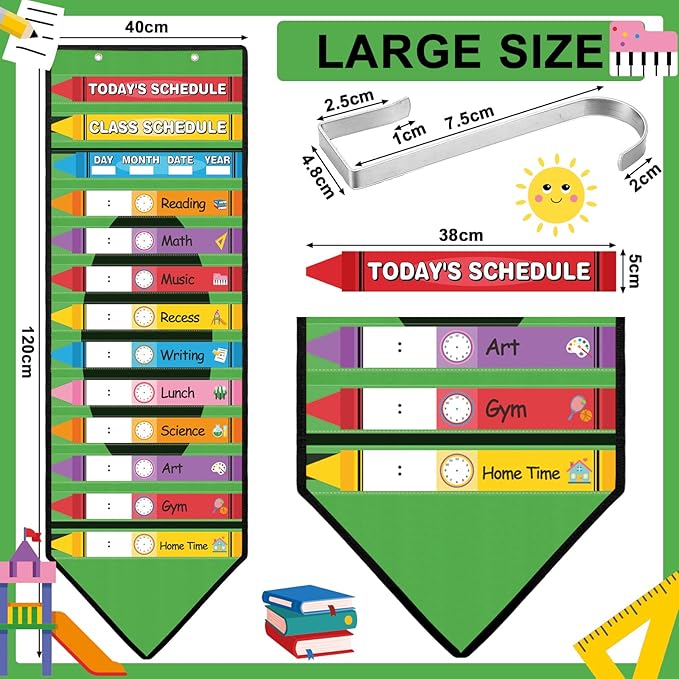 Fullhawl 45 Pcs Crayon Theme Daily Schedule Pocket Chart for Classroom, 13+1 Pockets Kids Schedule Teaching Scheduling Pocket Chart with Cards for Back to School Classroom Decoration