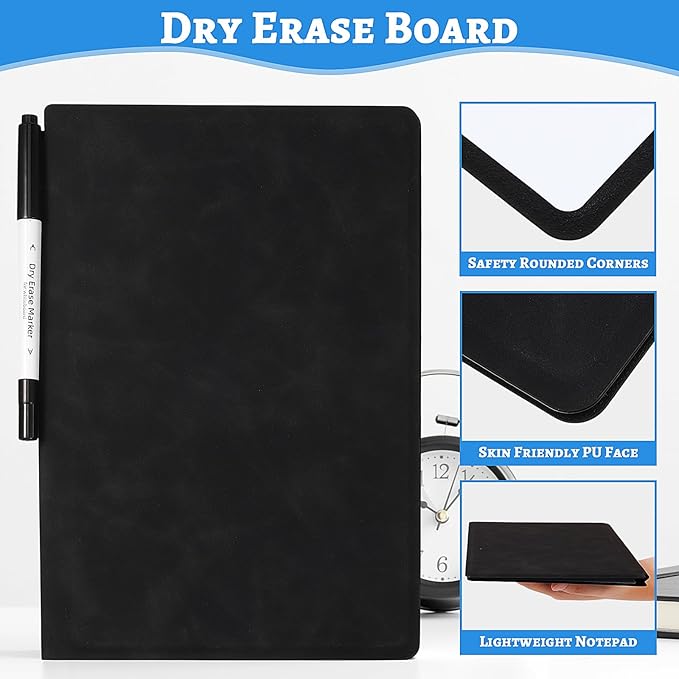 Marspark Portable White Board Dry Erase Board 9.4" x 6.7" Small Reusable Folding Double Sided Notebook Memo with Pen Cleaning Cloth Black Desk Accessories for Office School Study Meeting Planning