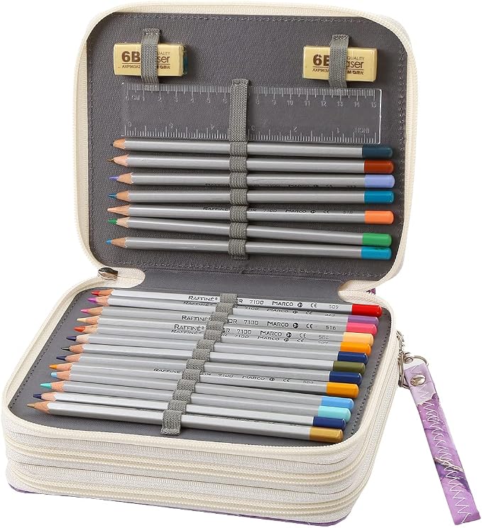 72 Slots Pencil Case Organizer w/Removal Handle Strap | 3-Layer Zipped Pencils Box Large for Colored Pencils Watercolor Pencils for Office and Travel for Artist