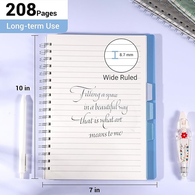 FLYING EAGLE Small Spiral Notebook 5 Subject Notebook Wide Ruled with Dividers Tabs Waterproof Plastic Cover Thick Paper Notebooks for Work School, 7x10 Blue