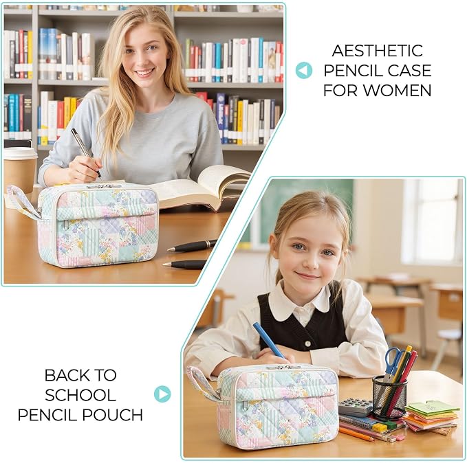 WOBAGMEN Quilted Pencil Pouch for Women, Large Capacity Pencil Case with Compartments, Cute Aesthetic Pencil Organizer, Floral Stationery Pouch（Colorful Patchwork）