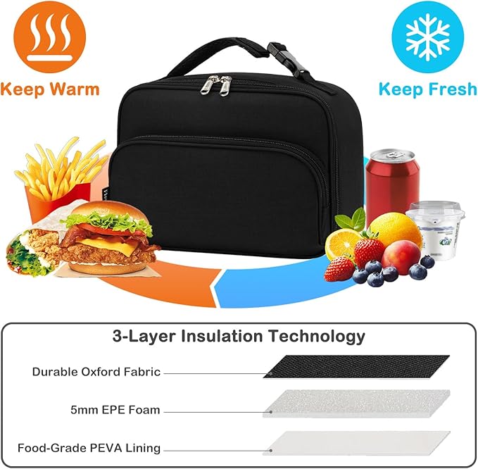 FlowFly Kids Lunch box Insulated Soft Bag Mini Cooler Back to School Thermal Meal Tote Kit for Girls, Boys,Black