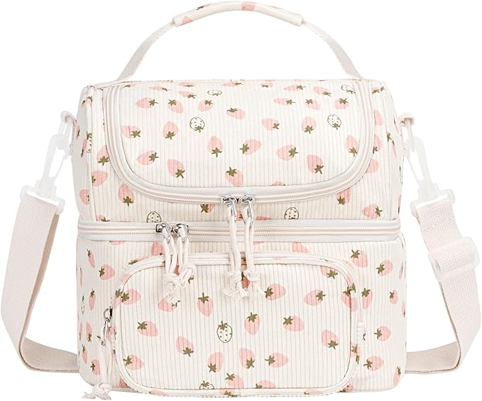 HowFly Lunch Bag for Women Insulated Lunch Boxes Corduroy Resuable Double Deck Lunch Box for Girls Teens Kigs Boys Portable Thermal Cooler Bags for School Work, Beige Strawberry (Pink)