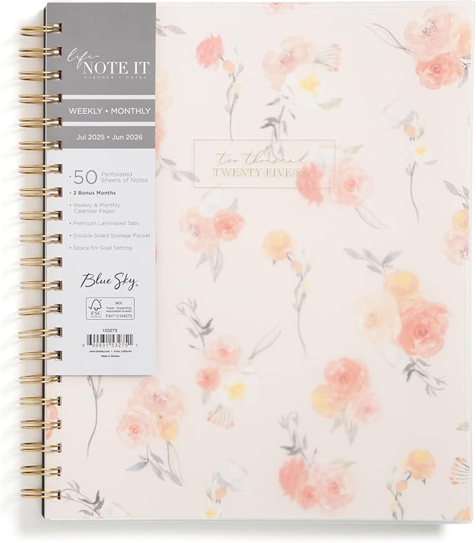 Blue Sky Life Note It 2025-2026 Academic Year Weekly and Monthly Planner, July 2025 - June 2026, 8.5” x 11”, Frosted Cover, Laminated Tabs, Wirebound, Storage Pocket, Hannah