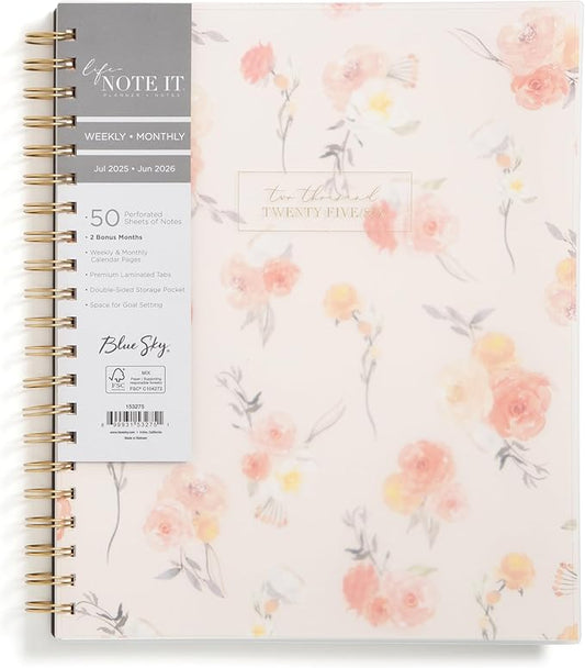 Blue Sky Life Note It 2025-2026 Academic Year Weekly and Monthly Planner, July 2025 - June 2026, 8.5” x 11”, Frosted Cover, Laminated Tabs, Wirebound, Storage Pocket, Hannah