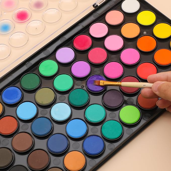 Artecho 48 Colors Watercolor Paint Set, Portable Travel Watercolor Cake Kit with 3 Brushes, Easy-Clean Washable Paint for Card Making, Illustrations, Painting, Calligraphy
