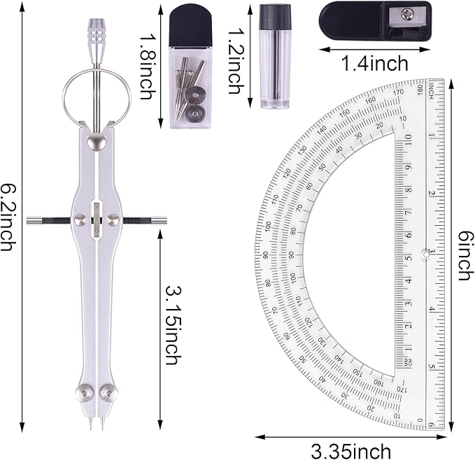 Unjoo Compass and Protractor Set, Professional Drawing Compass Tool, Metal Compass with Extra Refills, Compass for Geometry and 6 Inch Math Protractors 180 Degree (Purple)