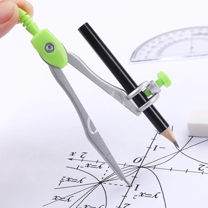 Vobou 10 Pieces Math Geometry Kit Set Student Supplies with Shatterproof Storage Box,Includes Rulers,Protractor,Compass,Eraser,Pencil Sharpener,Lead Refills,Pencil,for School and Drawings（Green）