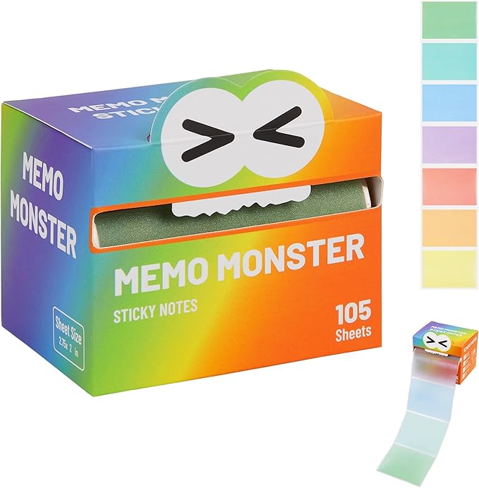Monster Sticky Notes – Glittery Semi-Transparent Full-Adhesive Sticker Notes with Cute Monster Box, 105 Sheets for School Supplies, Office Products, Journaling, Scrapbooking & Labels （Rainbow）
