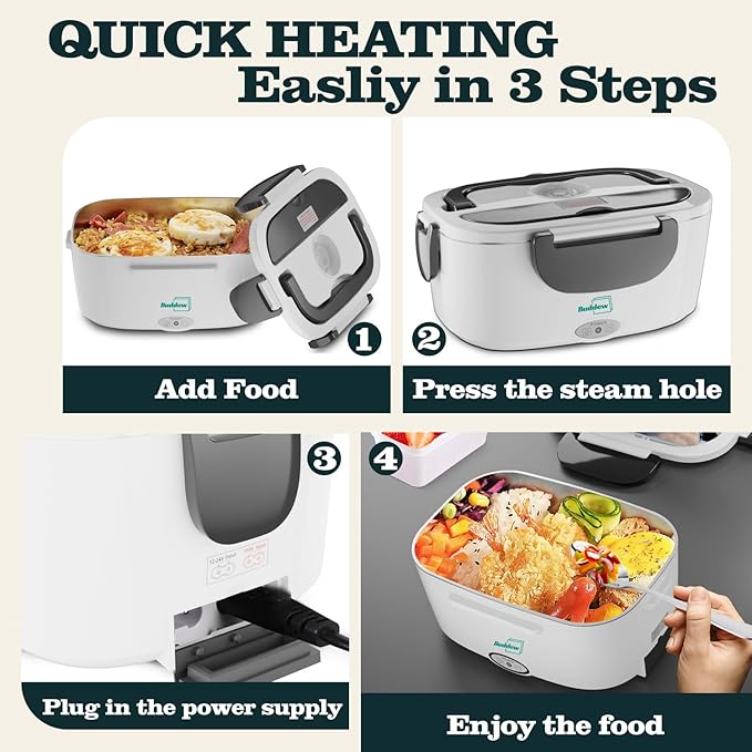 Buddew Electric Heated Lunch Box, 80W Fast Heating, 1.5L Food-Grade 304 Stainless Steel, 12V/24V/110V Portable Food Warmer for Car Truck Office Adults, Lonchera Electrica Portatil (White+Gray)