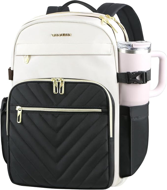 VANKEAN Laptop Backpack for Women with Pouch Pocket for Large Capacity Tumbler, 15.6 Inch Laptop Computer Bag Travel Backpack Purse,Waterproof Work Business Backpack College Teacher Bags Beige-Black