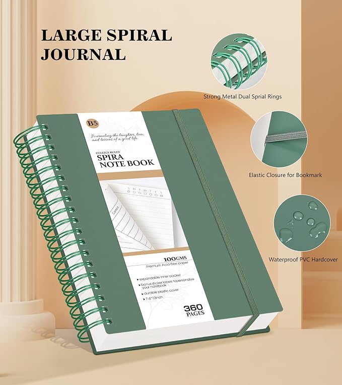 MUAHLIUB Spiral Notebook Journal College Ruled 8.5''x 11'', 360 Pages Lined Thick Journals for Women Men, A4 Large Spiral Notebooks with 100GSM Paper, Spiral Journaling for Writing Work, School Green