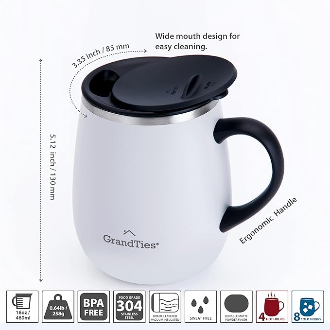 GRANDTIES Insulated Coffee Mug with Handle - Sliding Lid for Splash-Proof 16oz Wine-Glass Shape Thermal Tumbler with Double Walled Vacuum Stainless Steel to Keeps Beverages Hot or Cold-Pearl
