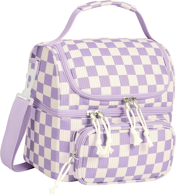 HowFly Lunch Bag for Women Insulated Lunch Boxes Corduroy Resuable Double Deck Lunch Box for Girls Teens Kigs Boys Portable Thermal Cooler Bags for School Work, Purple Checkered
