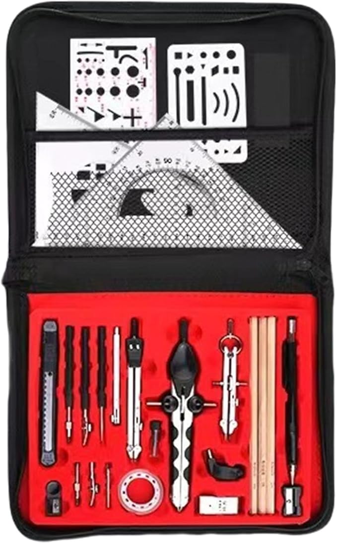 School Geometry Tool Set, Including Metal Geometry Tool, Divider, Set Square, Pencils, Eraser, Sharpener, Storage Bag
