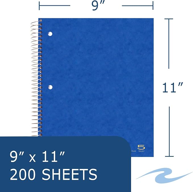 ROARING SPRING 5 Subject Spiral Notebook, 12 Pack, 11" x 9", College Ruled, 200 Perforated Sheets, Assorted Eco Press Covers, 5 Double Storage Pockets, Made in USA