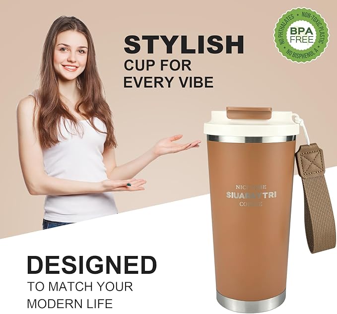 20oz Tumbler Stainless Steel Vacuum Insulated Coffee Travel Mug Reusable Iced Coffee Cup Hot Coffee Travel Mug with lid and straw Cupholder Friendly Leak-Proof BPA Free (Brown)