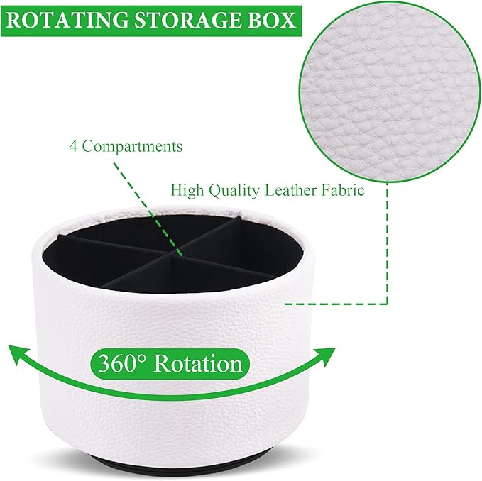 Round Leather Art Supply Organizer,Remote Control Holder,360 Degree Spinning,Multi-Functional Pencil Holder,4 Compartments Desktop Stationary Organizer(1-Lichee White)