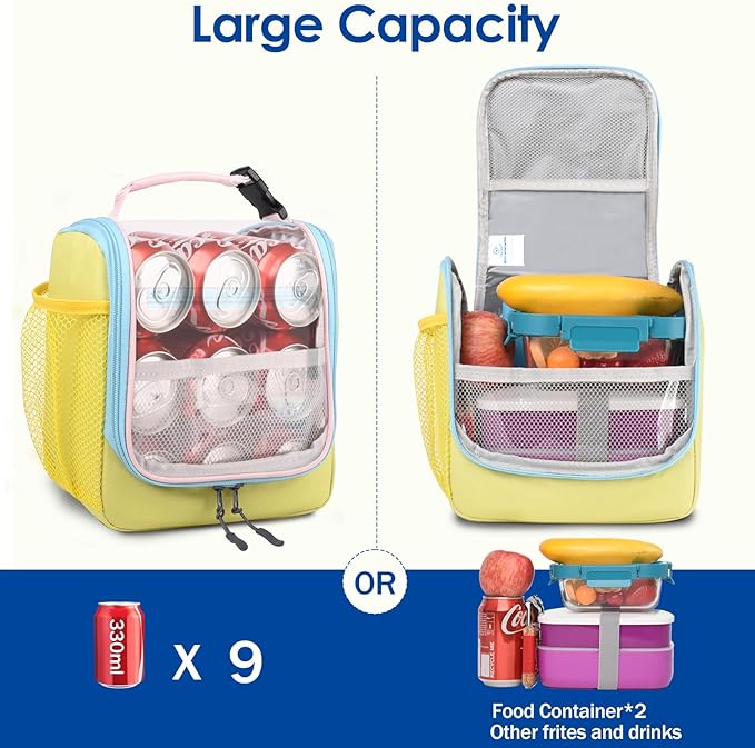 Genteen Kids Lunch Box, Insulated Lunch Bag for Kids, Toddler, Girl, and Boy; Holds Lunch Box, Water Bottle, & Snacks; Easy-Clean Water-Resistant Fabric & Multiple Zippered Pockets (Yellow Blue)